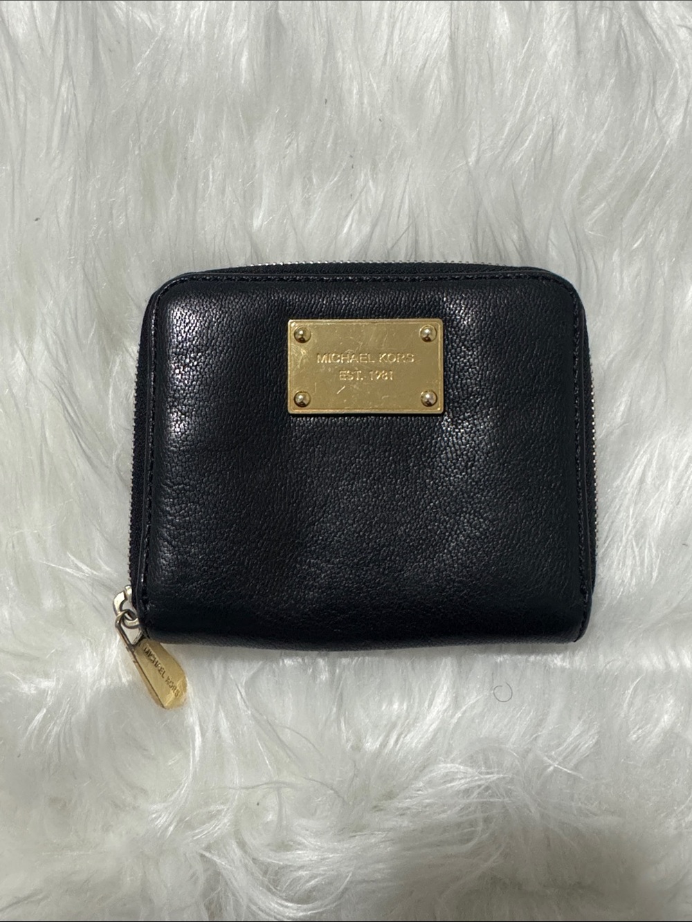Michael Kors Black Leather Zip-Around Coin Wallet with Gold Plaque